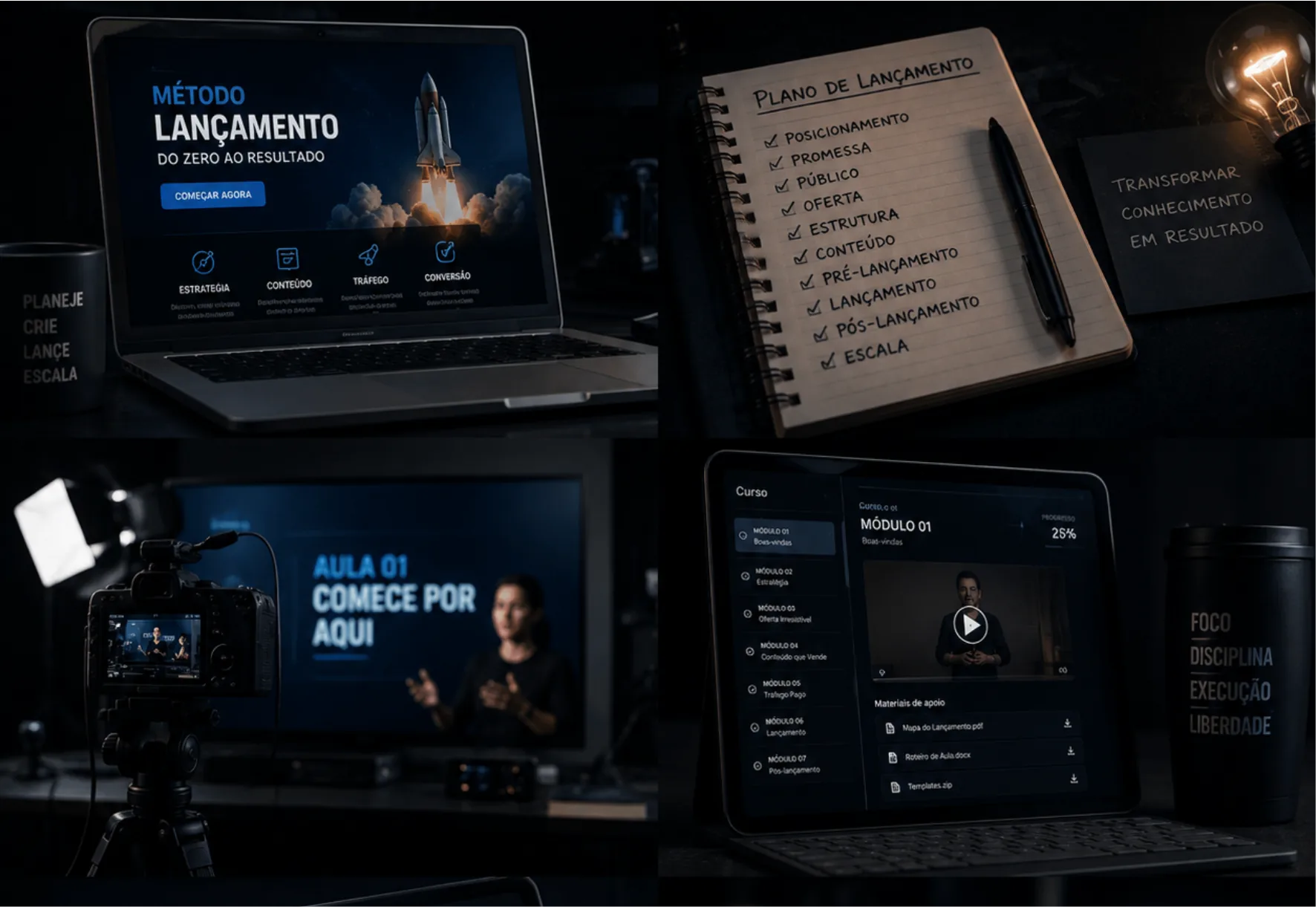 Colagem do método de lançamento: laptop com dashboard, caderno de plano, câmera gravando aula e tablet com curso online
